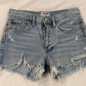 Agolde Light Blue Distressed Denim Shorts